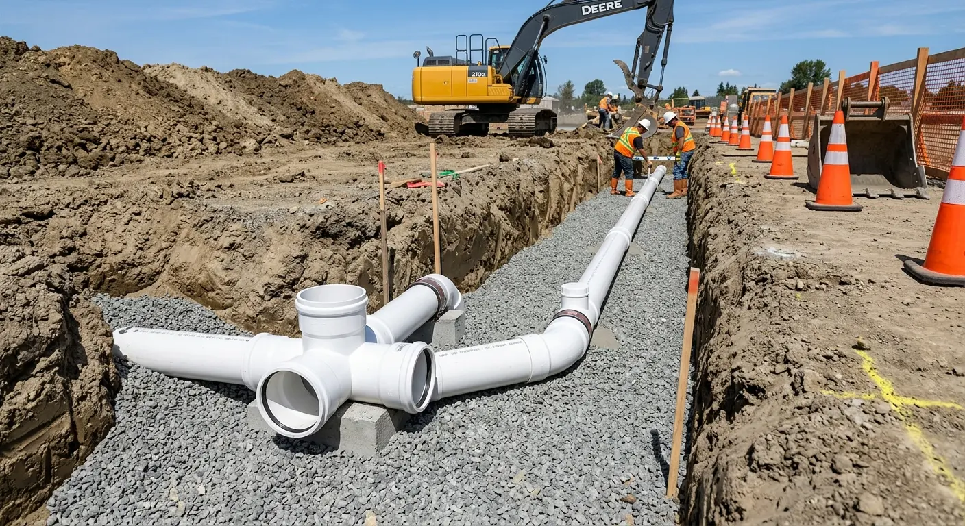 New PVC sewer pipe installation in open trench for Sewer Backup in Carbondale
