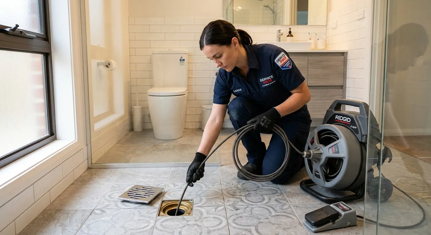Technician clearing a bathroom floor drain for Hydro Jetting in Carbondale